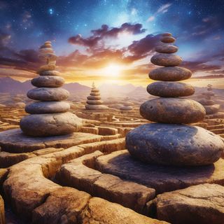 balancing stone towers over a labyrinth of stone