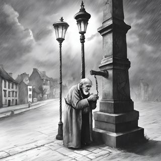 an old man cries under a lamppost in a medieval town